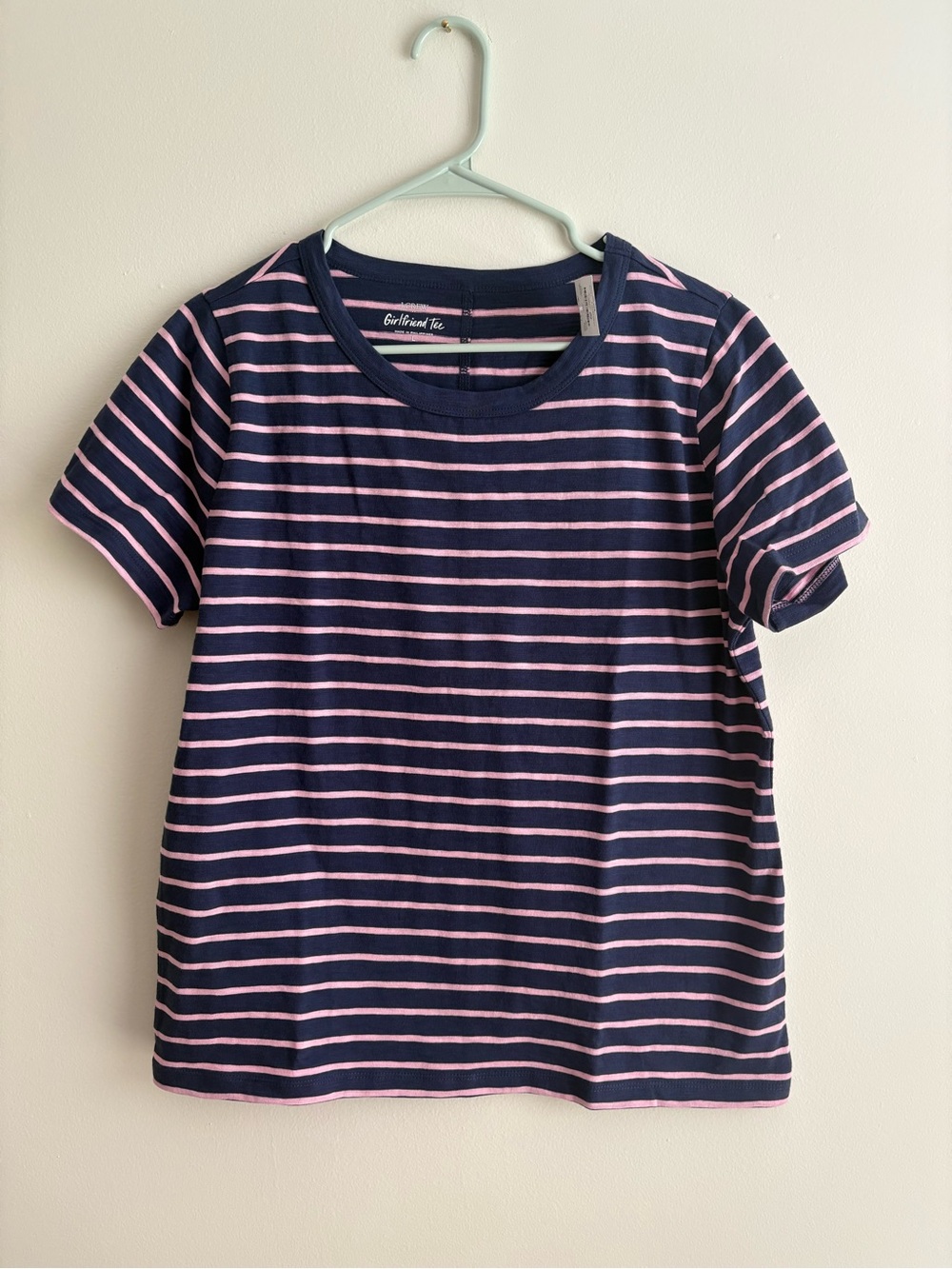 Women’s J. Crew Cotton Girlfriend Tee, Navy and Pink, Size L NWT